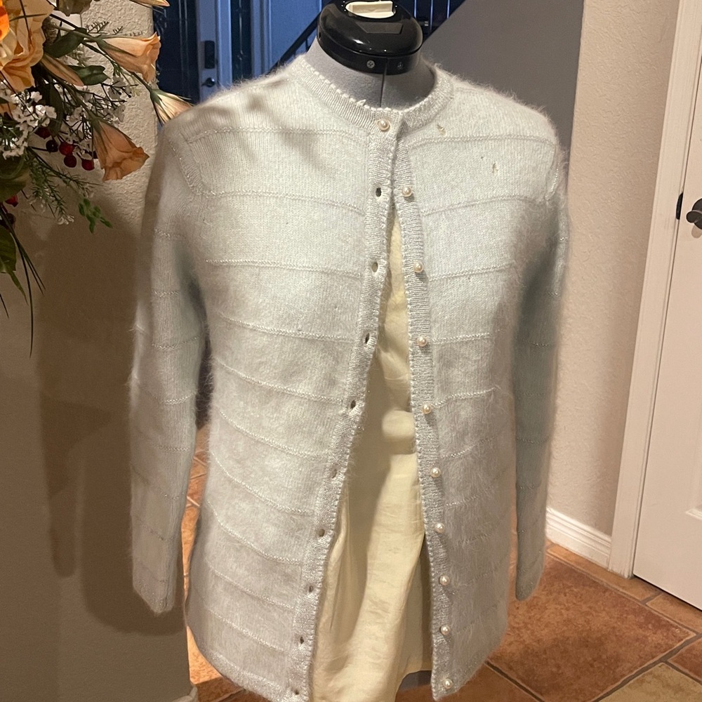 Vintage Angora rabbit hair Light Blue Cardigan with Pearl Buttons